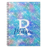 Cute iridescent unicorn blue roze glitter monogram notitieboek (Voorkant)