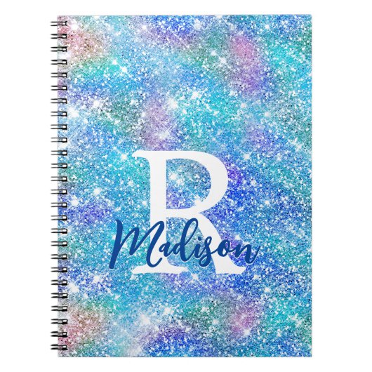 Cute iridescent unicorn blue roze glitter monogram notitieboek (Voorkant)