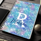 Cute iridescent unicorn blue roze glitter monogram notitieboek