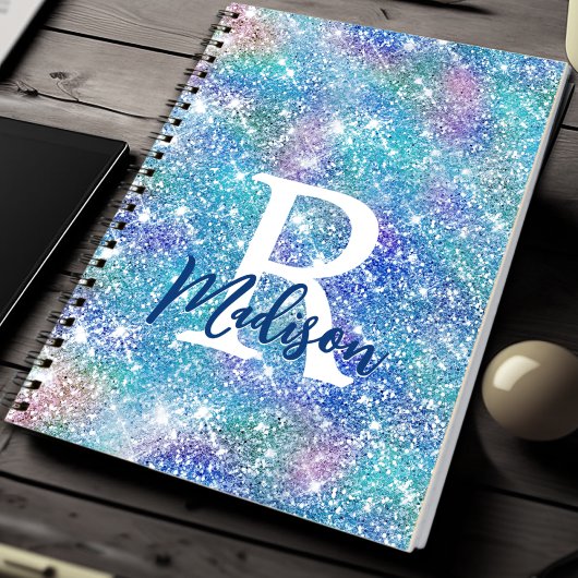 Cute iridescent unicorn blue roze glitter monogram notitieboek