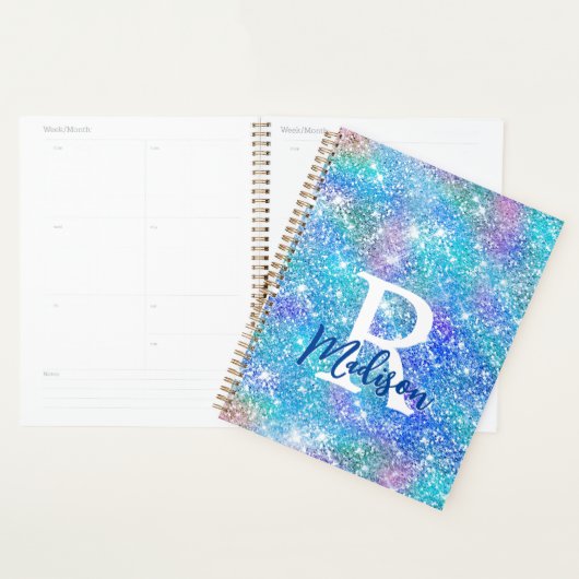 Cute iridescent unicorn blue roze glitter monogram planner (Display)