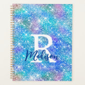Cute iridescent unicorn blue roze glitter monogram planner (Voorkant)