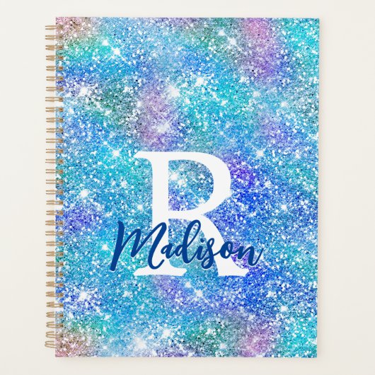 Cute iridescent unicorn blue roze glitter monogram planner (Voorkant)