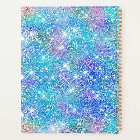 Cute iridescent unicorn blue roze glitter monogram planner (Achterkant)