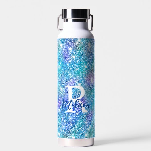 Cute iridescent unicorn blue roze glitter monogram waterfles (Voorkant)