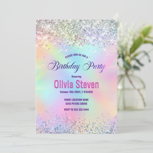 Cute iridescent unicorn faux glitter monogram kaart (Staand voorkant)