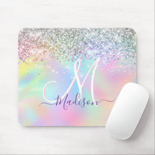 Cute iridescent unicorn faux glitter monogram muismat