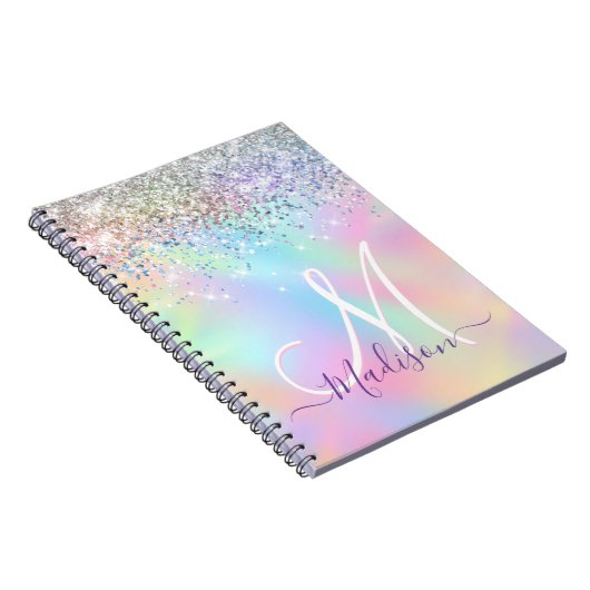 Cute iridescent unicorn faux glitter monogram notitieboek (Rechterzijde)