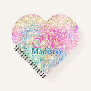 Cute iridescent unicorn gold glitter monogram notitieboek