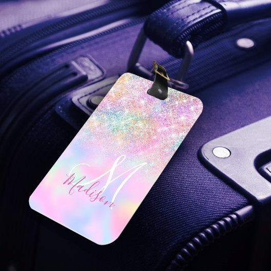 Cute iridescent unicorn ombre glitter monogram bagagelabel