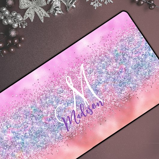 Cute iridescent unicorn ombre glitter monogram bureaumat