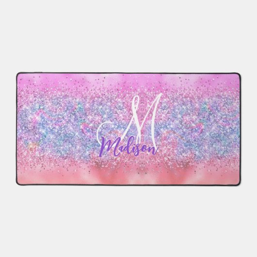 Cute iridescent unicorn ombre glitter monogram bureaumat (Voorkant)