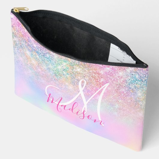 Cute iridescent unicorn ombre glitter monogram etui (Open)