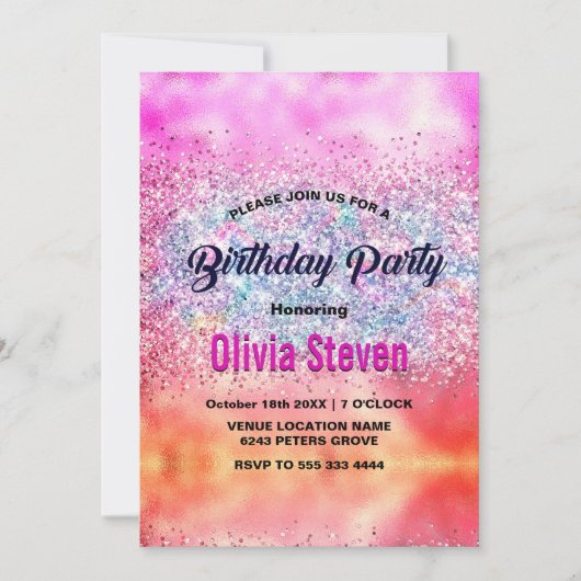 Cute iridescent unicorn ombre glitter monogram kaart (Voorkant)