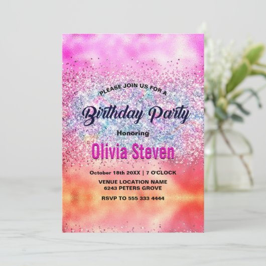 Cute iridescent unicorn ombre glitter monogram kaart (Staand voorkant)