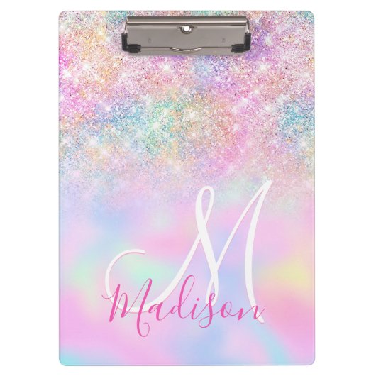 Cute iridescent unicorn ombre glitter monogram klembord (Voorkant)
