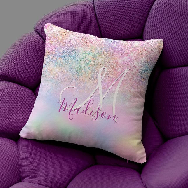 Cute iridescent unicorn ombre glitter monogram kussen (Creator heeft geüpload)