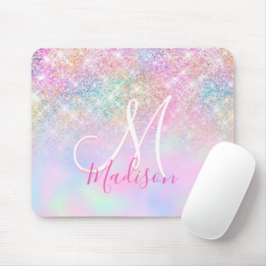 Cute iridescent unicorn ombre glitter monogram muismat (Met muis)