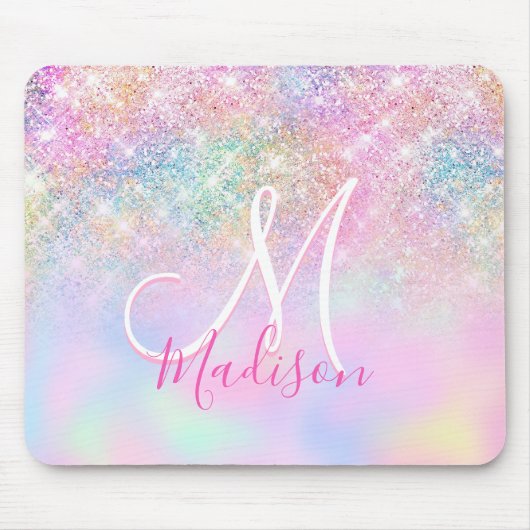 Cute iridescent unicorn ombre glitter monogram muismat (Voorkant)