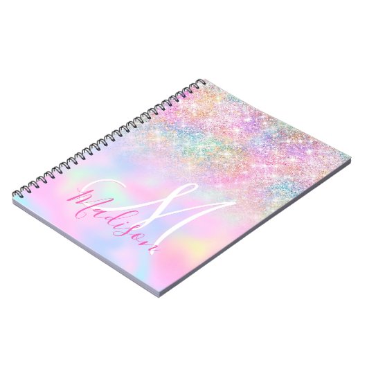 Cute iridescent unicorn ombre glitter monogram notitieboek (Linkerzijde)