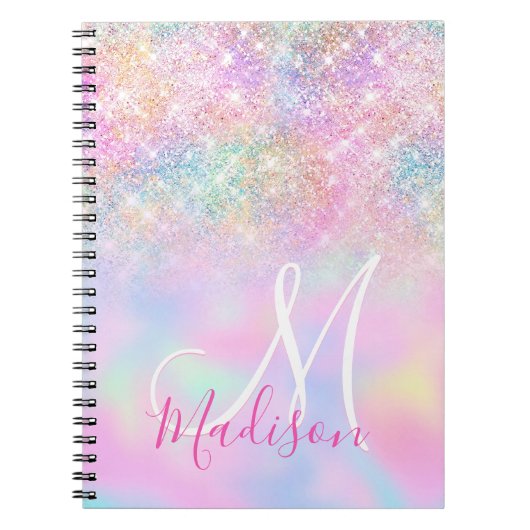 Cute iridescent unicorn ombre glitter monogram notitieboek (Voorkant)
