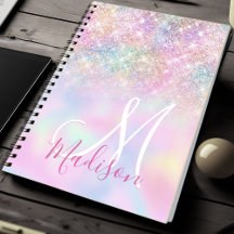 Cute iridescent unicorn ombre glitter monogram