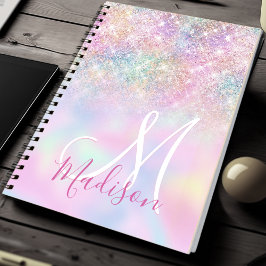 Cute iridescent unicorn ombre glitter monogram notitieboek