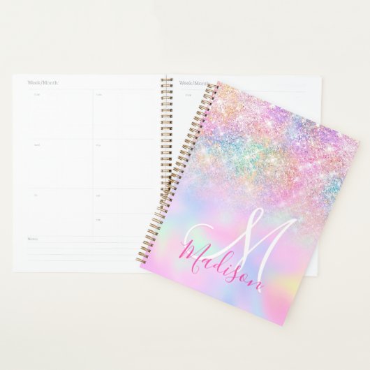 Cute iridescent unicorn ombre glitter monogram planner (Display)