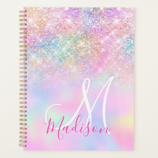 Cute iridescent unicorn ombre glitter monogram planner (Voorkant)