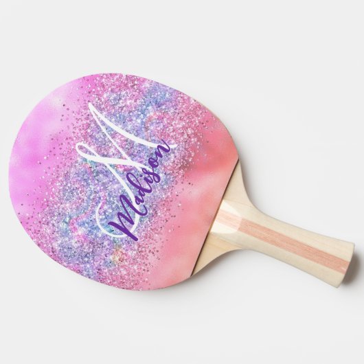 Cute iridescent unicorn ombre glitter monogram tafeltennisbatje (Zijkant)