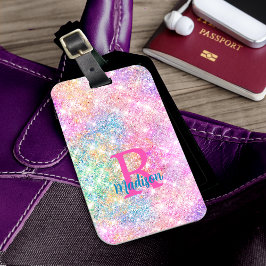 Cute iridescent unicorn roze faux glitter monogram bagagelabel