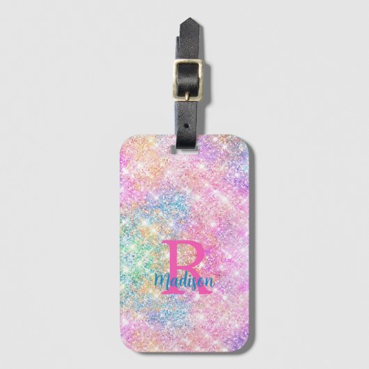 Cute iridescent unicorn roze faux glitter monogram bagagelabel (Voorkant (verticaal))