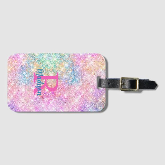 Cute iridescent unicorn roze faux glitter monogram bagagelabel (Voorkant (horizontaal))