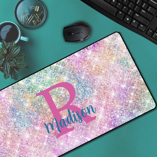 Cute iridescent unicorn roze faux glitter monogram bureaumat
