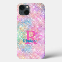 Cute iridescent unicorn roze faux glitter monogram