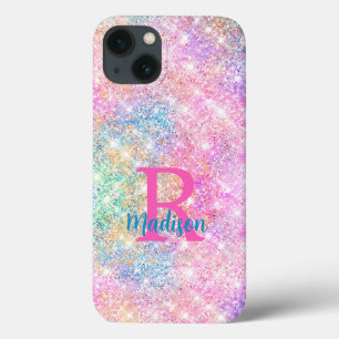 Cute iridescent unicorn roze faux glitter monogram Case-Mate iPhone case