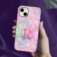 Cute iridescent unicorn roze faux glitter monogram