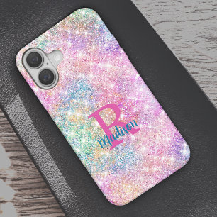 Cute iridescent unicorn roze faux glitter monogram iPhone 16 hoesje