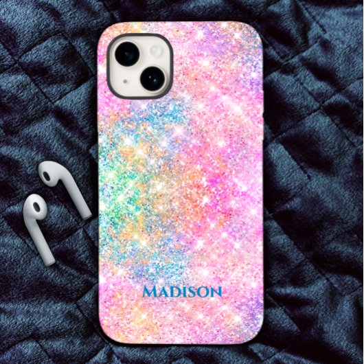Cute iridescent unicorn roze faux glitter monogram Case-Mate iPhone case