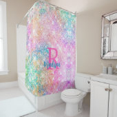Cute iridescent unicorn roze faux glitter monogram douchegordijn (In situ)