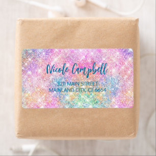 Cute iridescent unicorn roze faux glitter monogram etiket