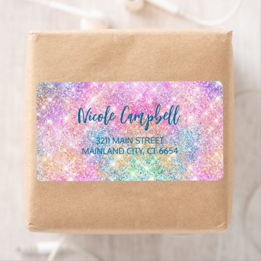 Cute iridescent unicorn roze faux glitter monogram etiket (Insitu)