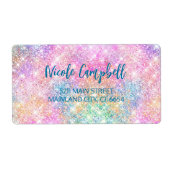 Cute iridescent unicorn roze faux glitter monogram etiket (Voorkant)