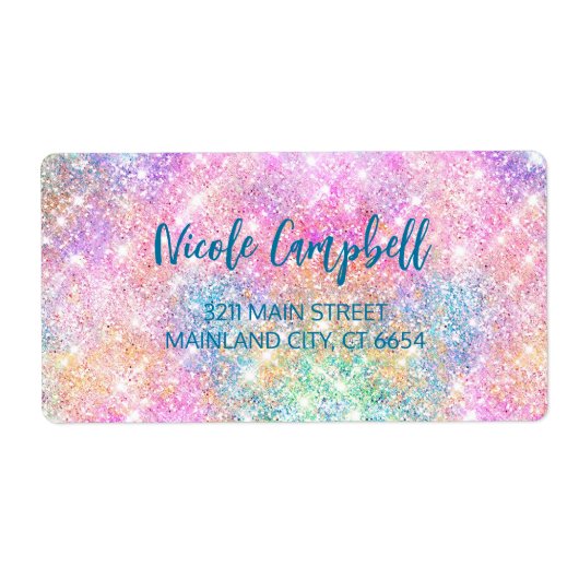 Cute iridescent unicorn roze faux glitter monogram etiket (Voorkant)