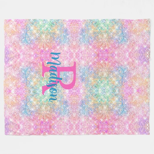 Cute iridescent unicorn roze faux glitter monogram fleece deken (Voorkant (Horizontaal))