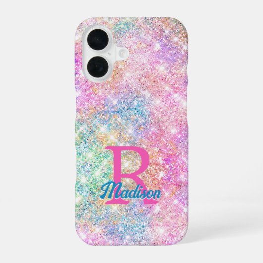 Cute iridescent unicorn roze faux glitter monogram iPhone 16 hoesje (Achterkant)