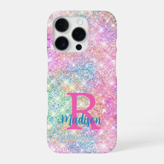 Cute iridescent unicorn roze faux glitter monogram iPhone hoesje (Achterkant)