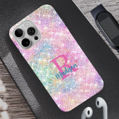 Cute iridescent unicorn roze faux glitter monogram iPhone hoesje