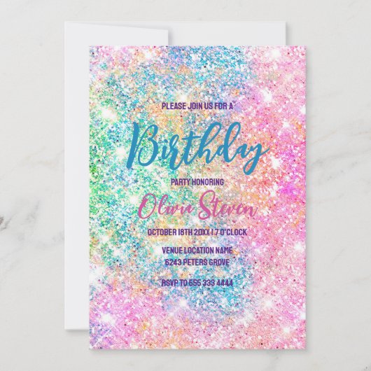 Cute iridescent unicorn roze faux glitter monogram kaart (Voorkant)