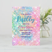 Cute iridescent unicorn roze faux glitter monogram kaart (Staand voorkant)